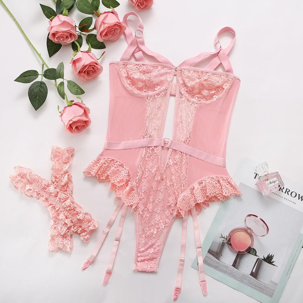 O ring lace garter hollow out bodysuit