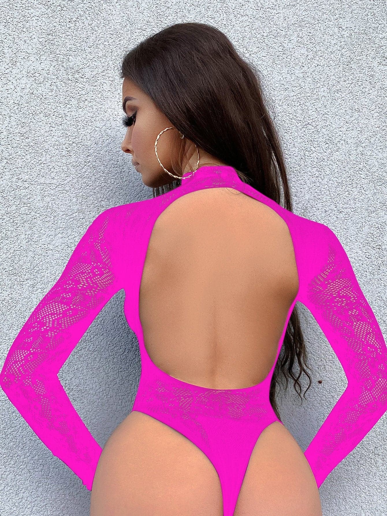 Long sleeve high neck backless lace fishnet bodysuit