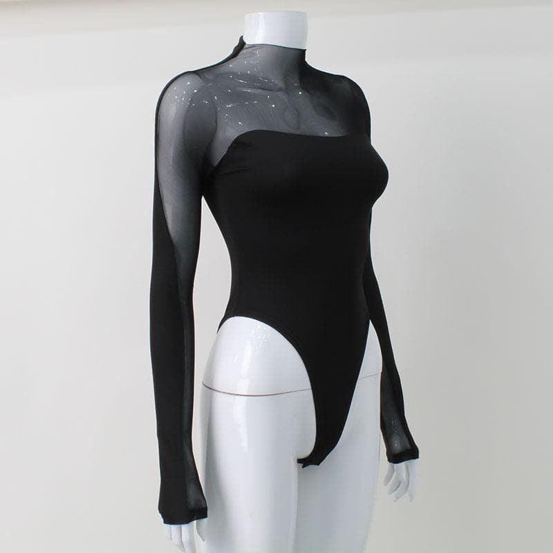 Long sleeve high neck mesh patchwork bodysuit