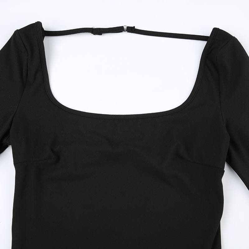 Square neck solid long sleeve backless cross back bodysuit