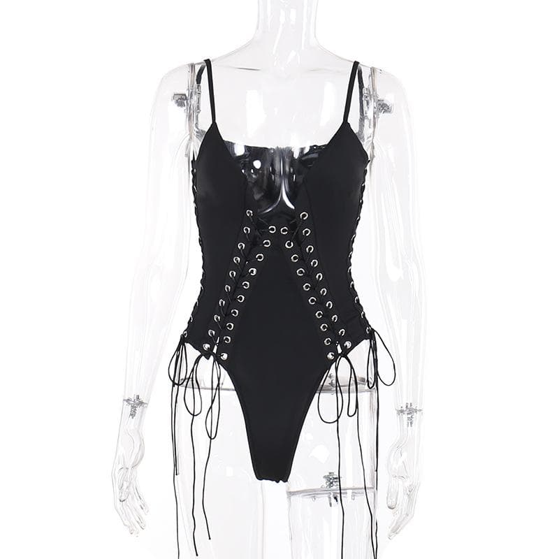 V neck lace up hollow out solid cami bodysuit