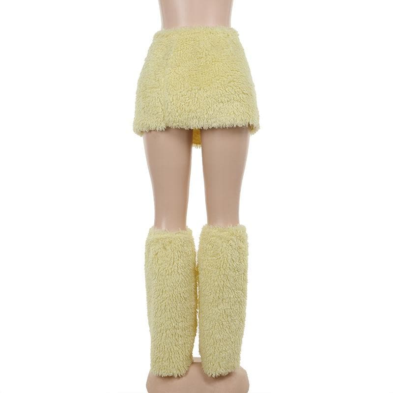 Fluffy slit leg warmer solid mini skirt