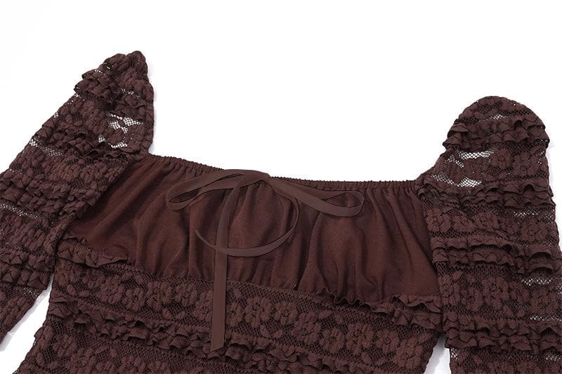 Square Neck Bow Tiered Floral Lace Bell Sleeve Ribbon Tie Bodycon Mini Dress
