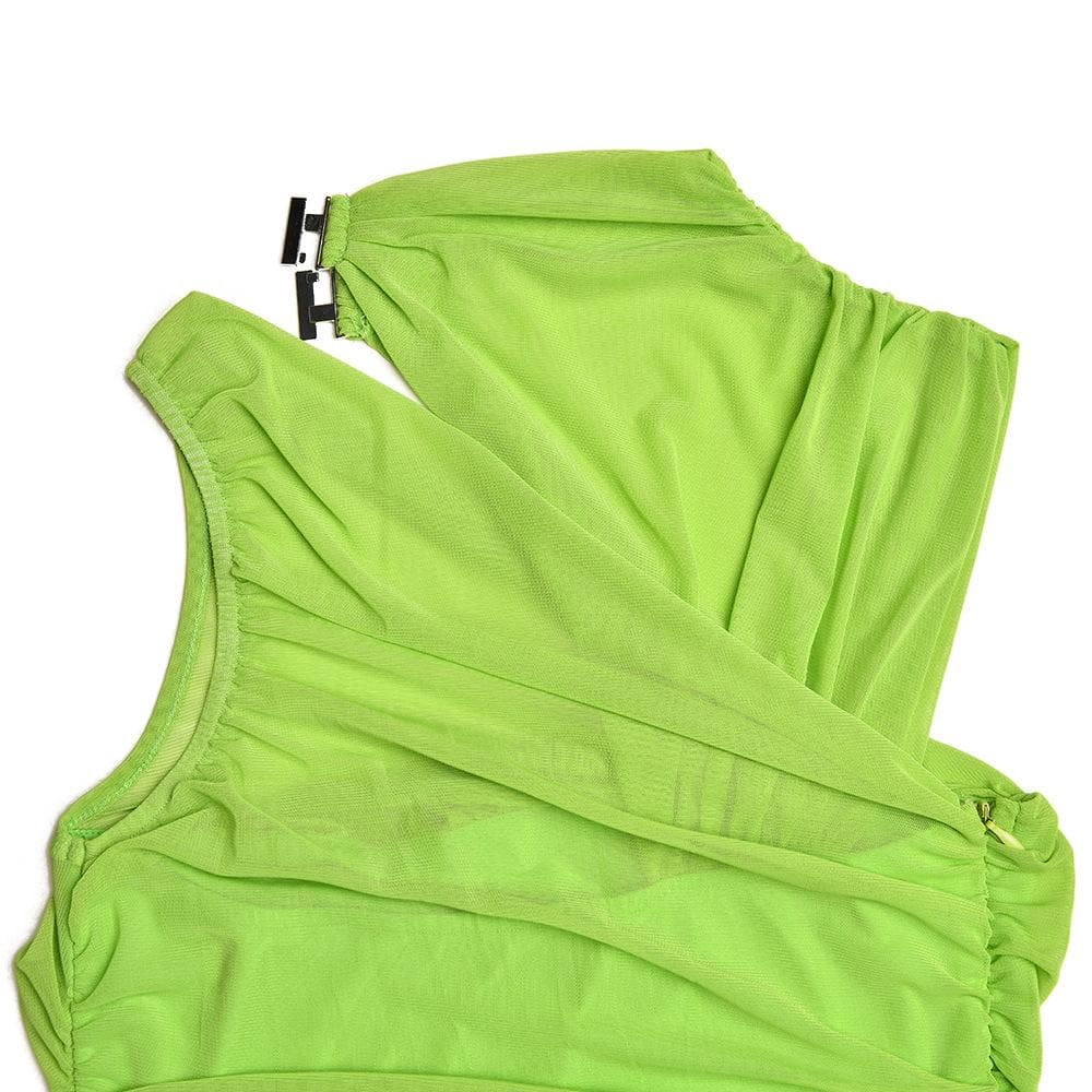 Sleeveless irregular hollow out mesh knotted ruched cut out mini dress