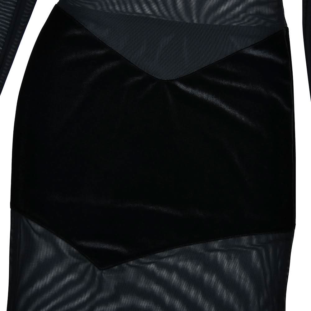 High neck long sleeve mesh patchwork velvet maxi dress