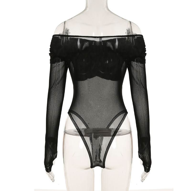 Off shoulder long sleeve mesh bodysuit