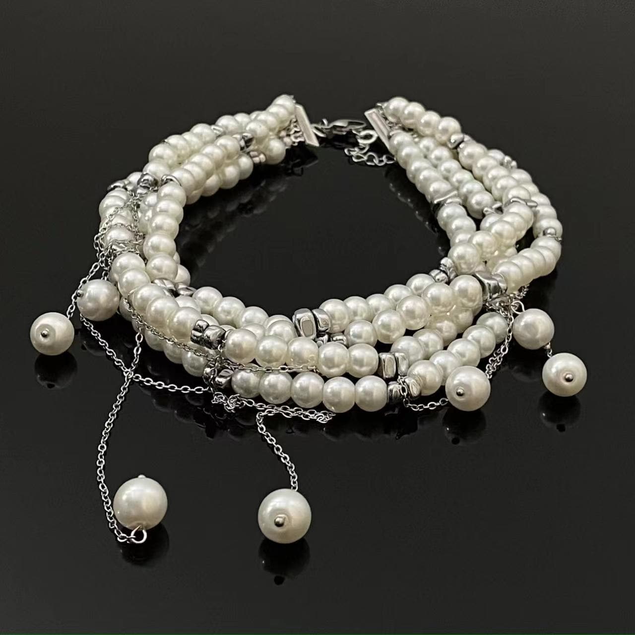 White faux pearl layered choker necklace