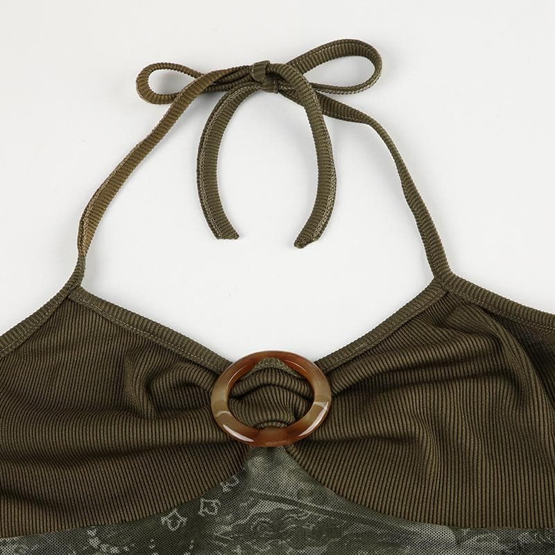 Ruched buckle print mesh ruffle cami top