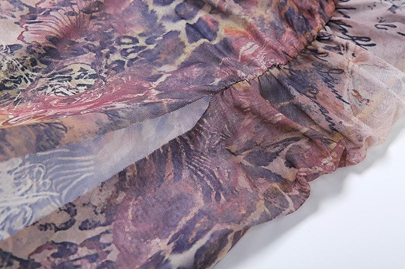 Sheer mesh hollow out ruched high slit cami cut out maxi dress