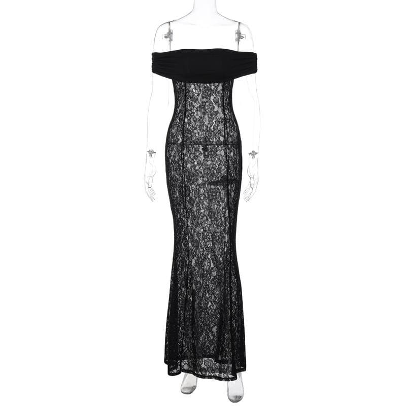 Off Shoulder Floral Lace Sheer Bodycon Floor Length Maxi Dress