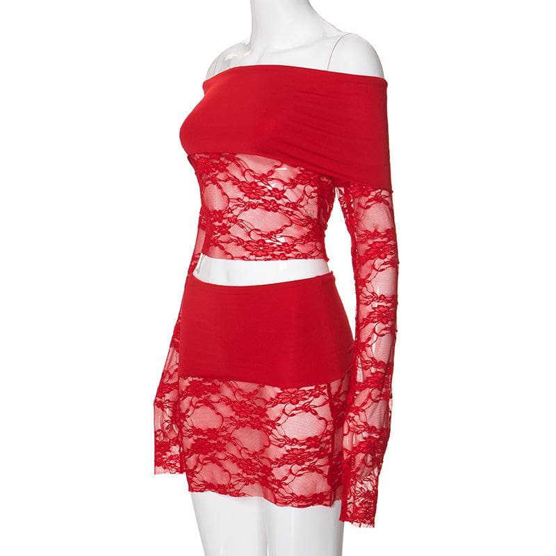 Long sleeve off shoulder lace see through mini skirt set