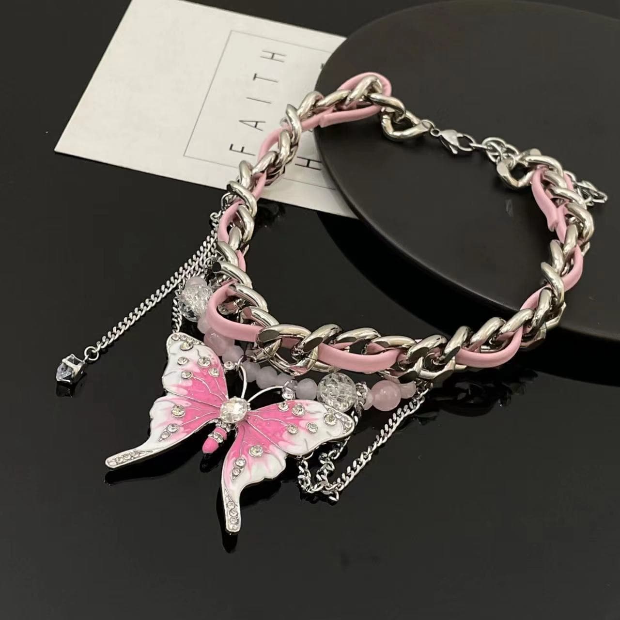 Pink butterfly beaded PU leather choker necklace