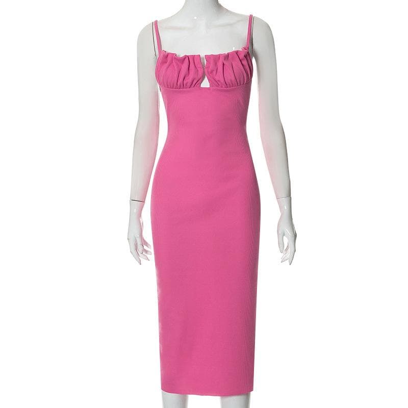 Spaghetti Strap Ruched Bust Keyhole Ribbed Knit Bodycon Midi Dress