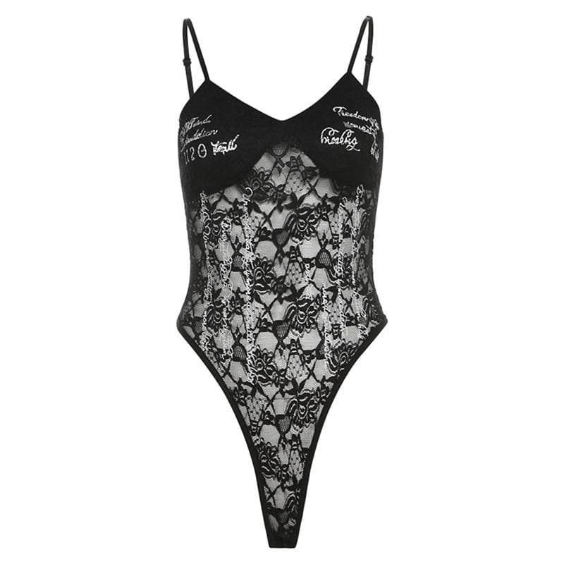Lace v neck letter print button cami bodysuit