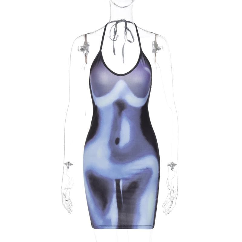 Abstract Body Print Halter Neck Self Tie Backless Mini Dress