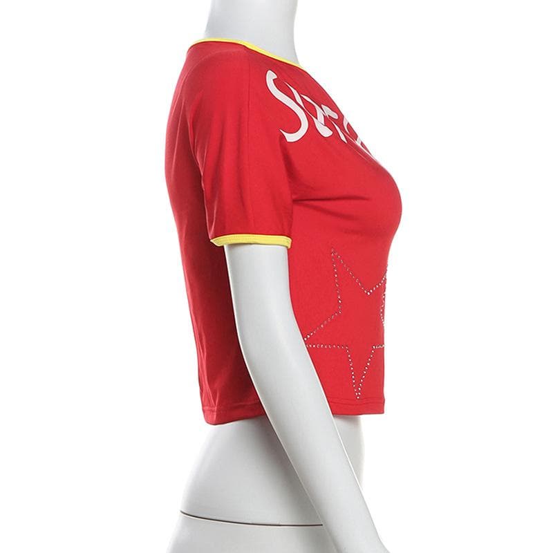 Short sleeve one shoulder “super star” print top