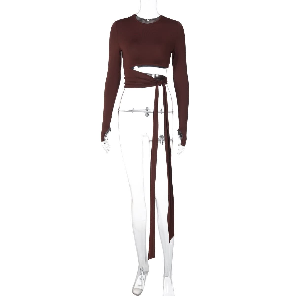 Long sleeve crewneck hollow out knotted cut out top
