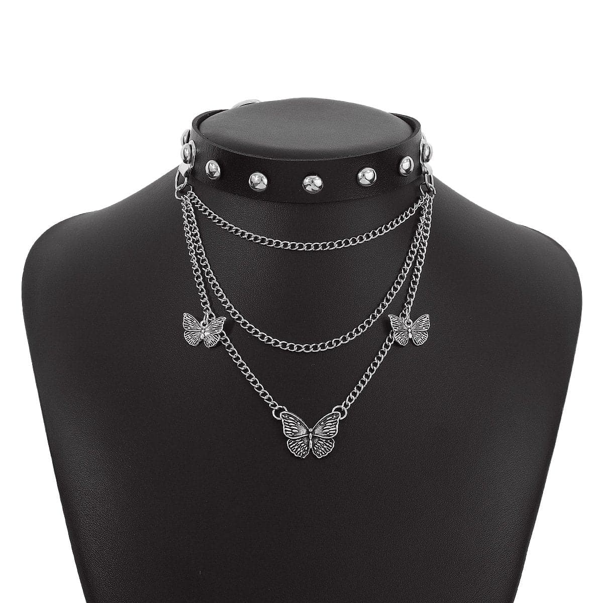 PU leather layered pendant chain choker necklace