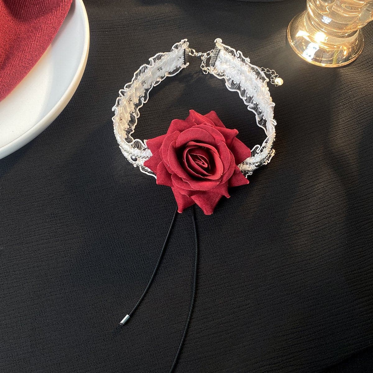 Flower decor ruffle lace choker necklace
