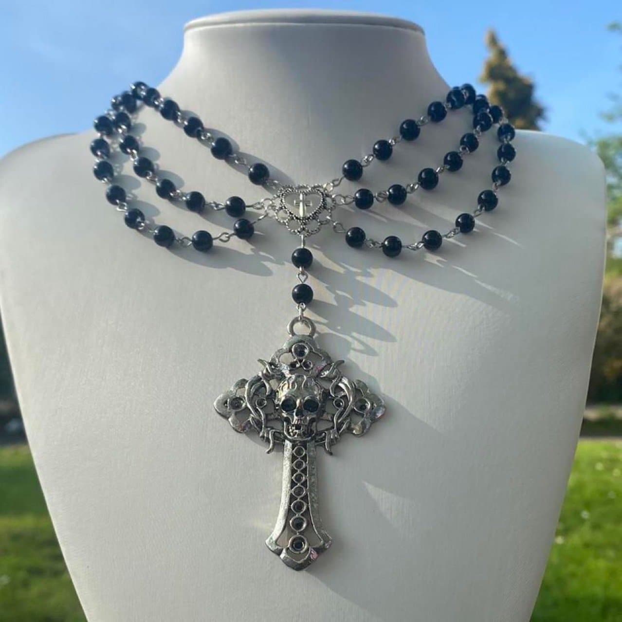 Layered cross pendant beaded choker necklace
