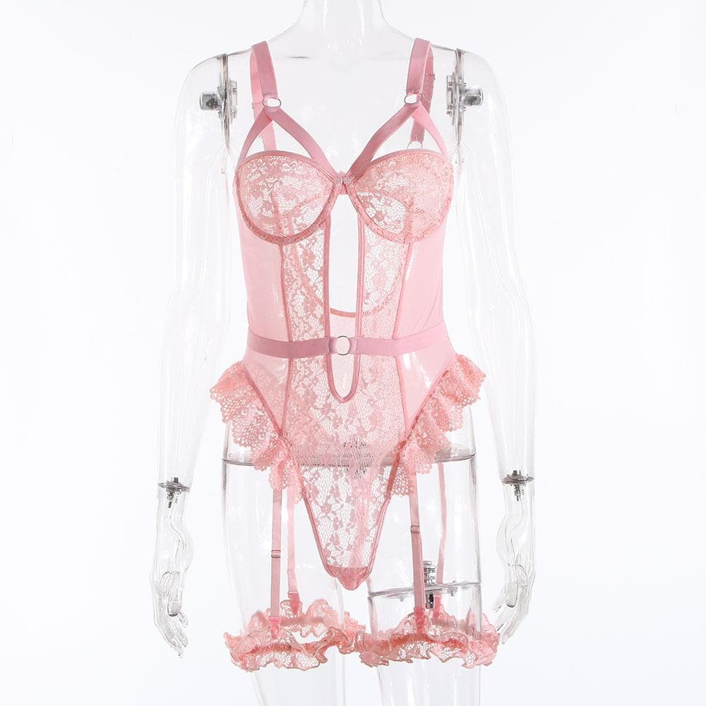 O ring lace garter hollow out bodysuit