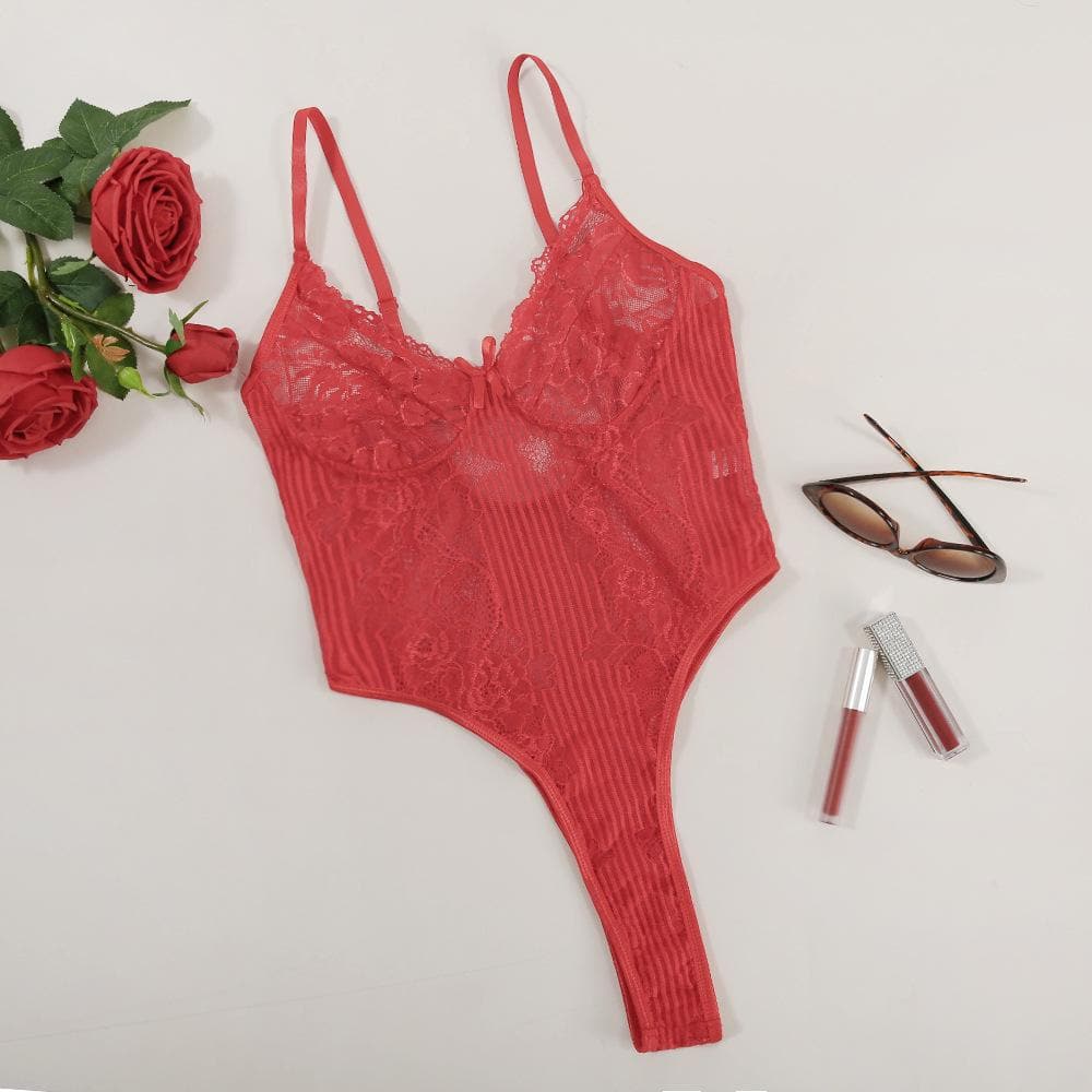 V neck lace bowknot adjustable bodysuit