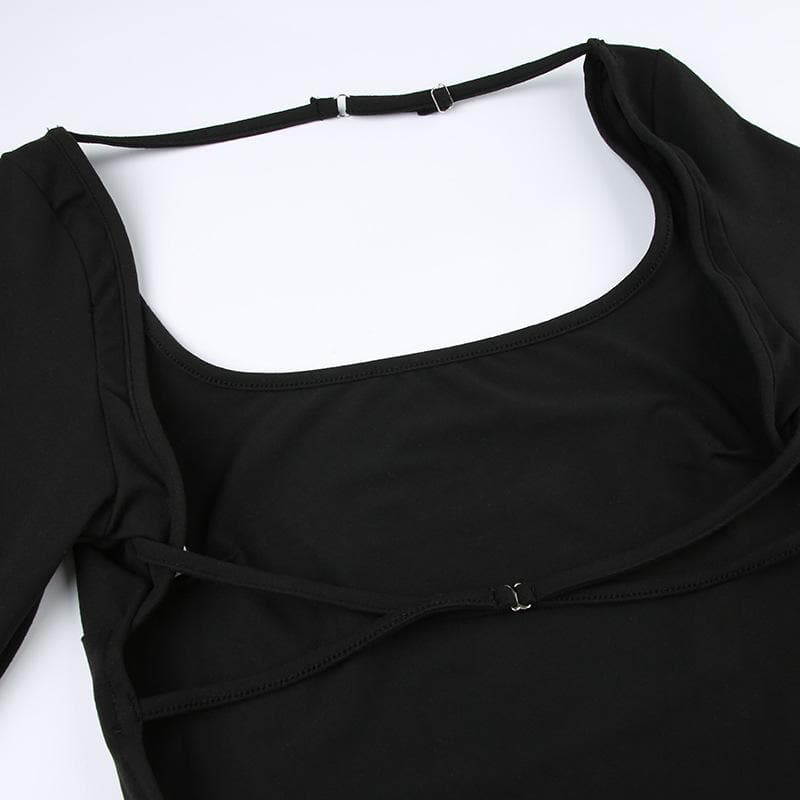 Square neck solid long sleeve backless cross back bodysuit
