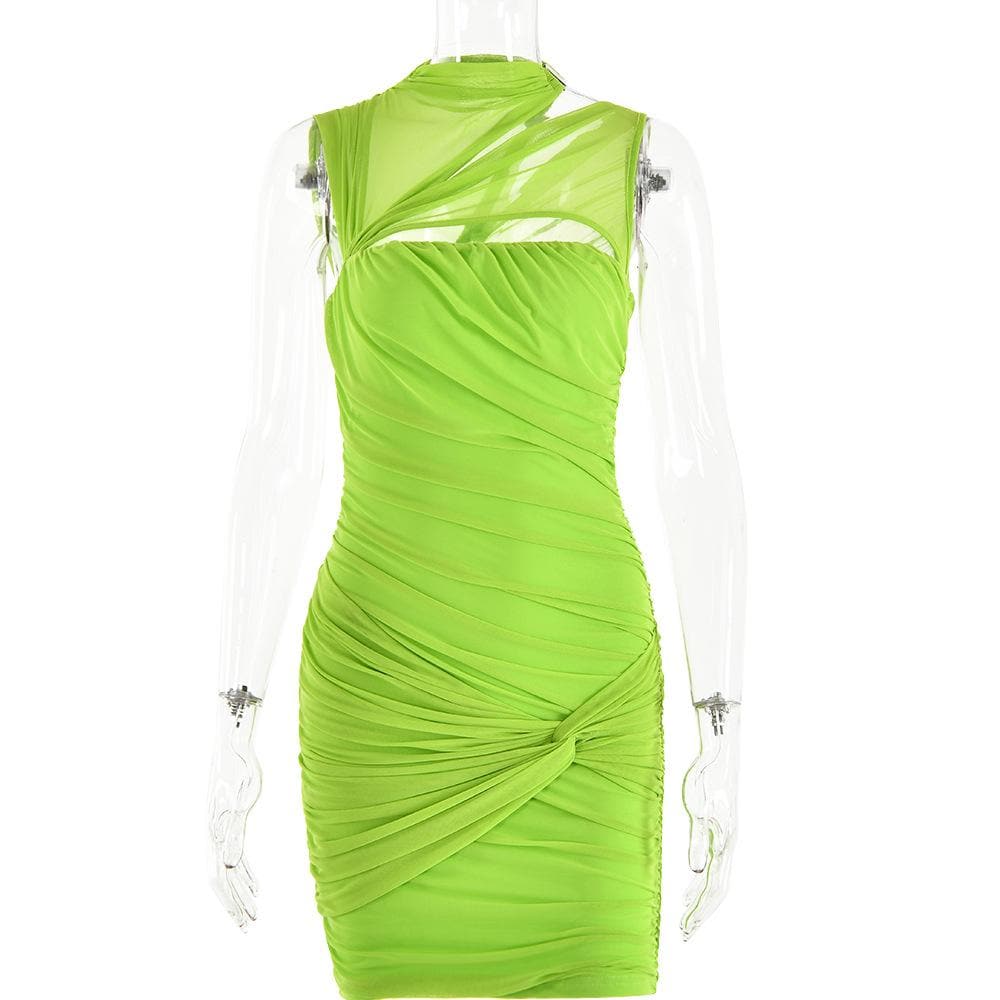 Sleeveless irregular hollow out mesh knotted ruched cut out mini dress