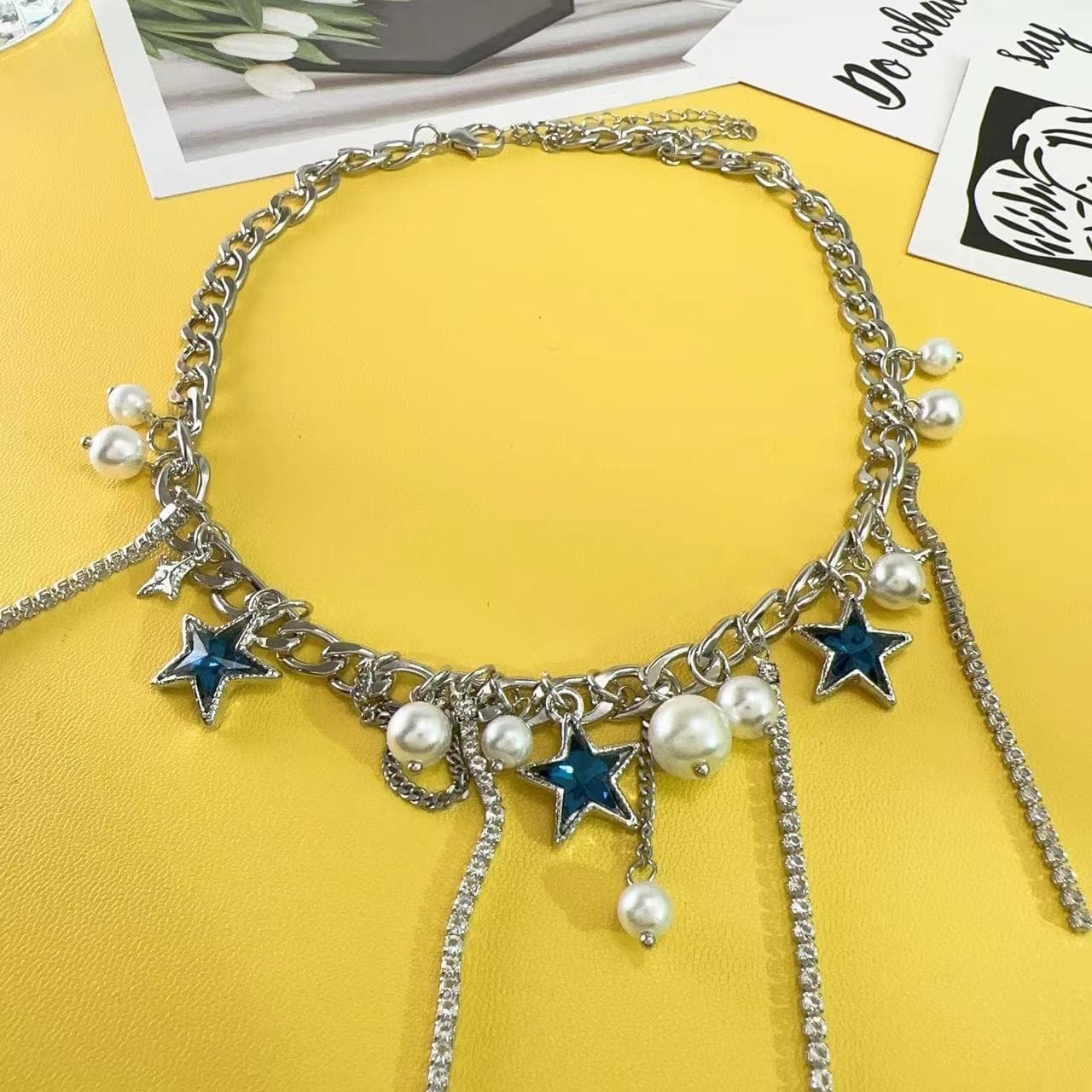 Star pendant faux pearl metal chain choker necklace