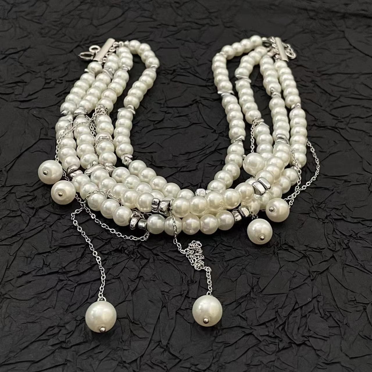 White faux pearl layered choker necklace