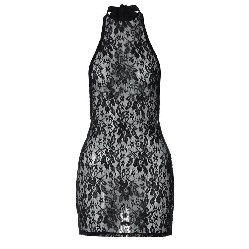 Lace see through halter backless solid mini dress