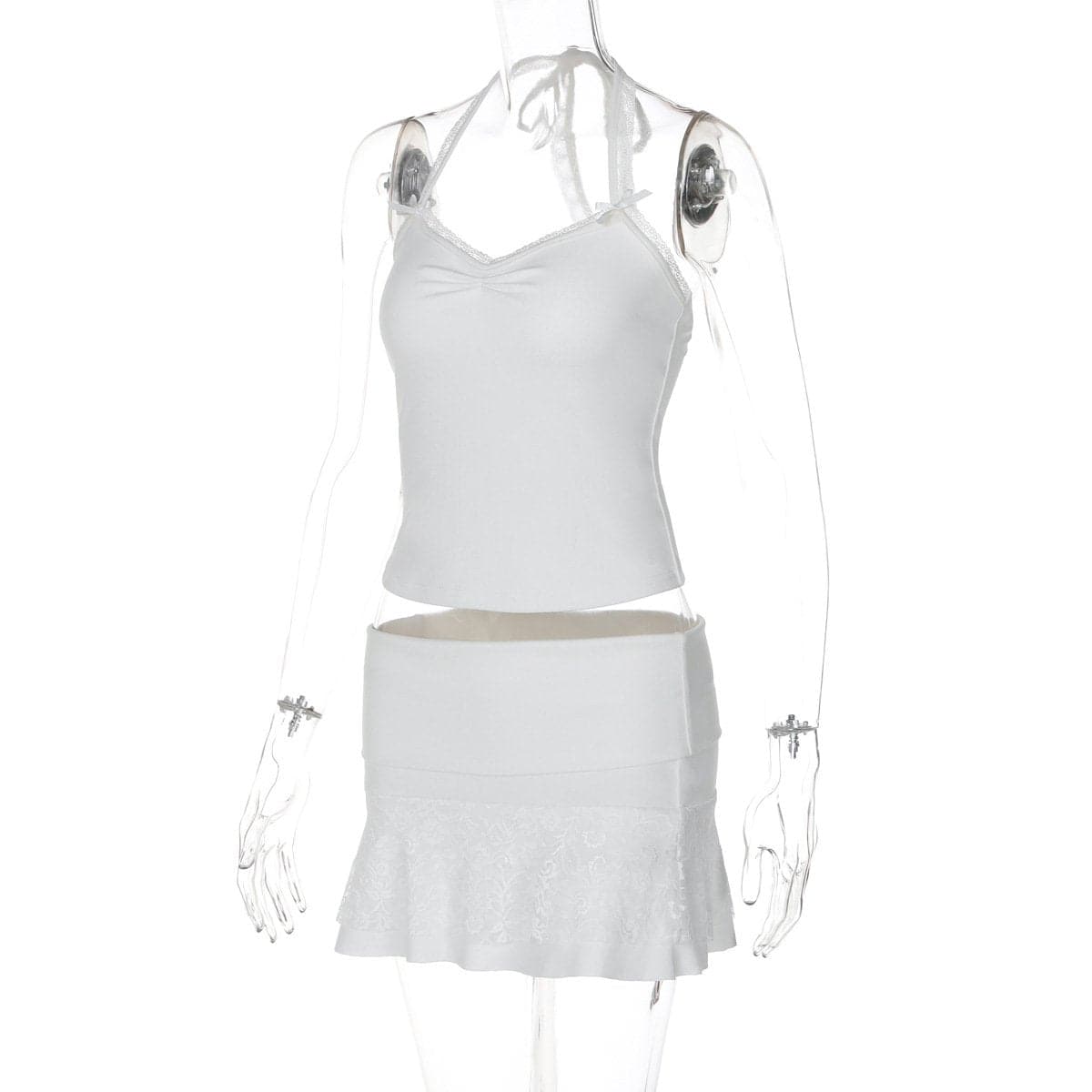 Halter lace hem bowknot mini skirt set