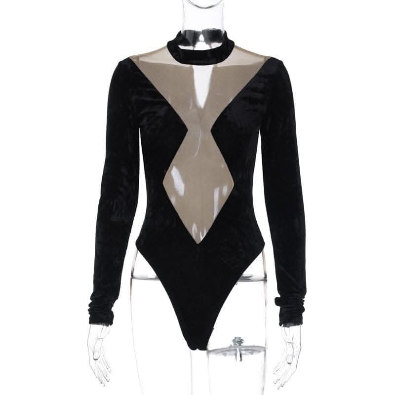 Long sleeve velvet high neck mesh patchwork button bodysuit-final-sale