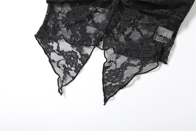 Lace ruched slit ruffle solid tube top