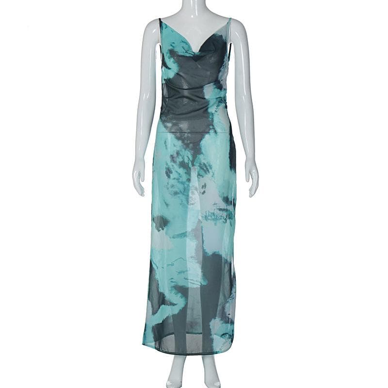 Abstract Tie Dye Print Cowl Neck Spaghetti Strap High Slit Maxi Dress