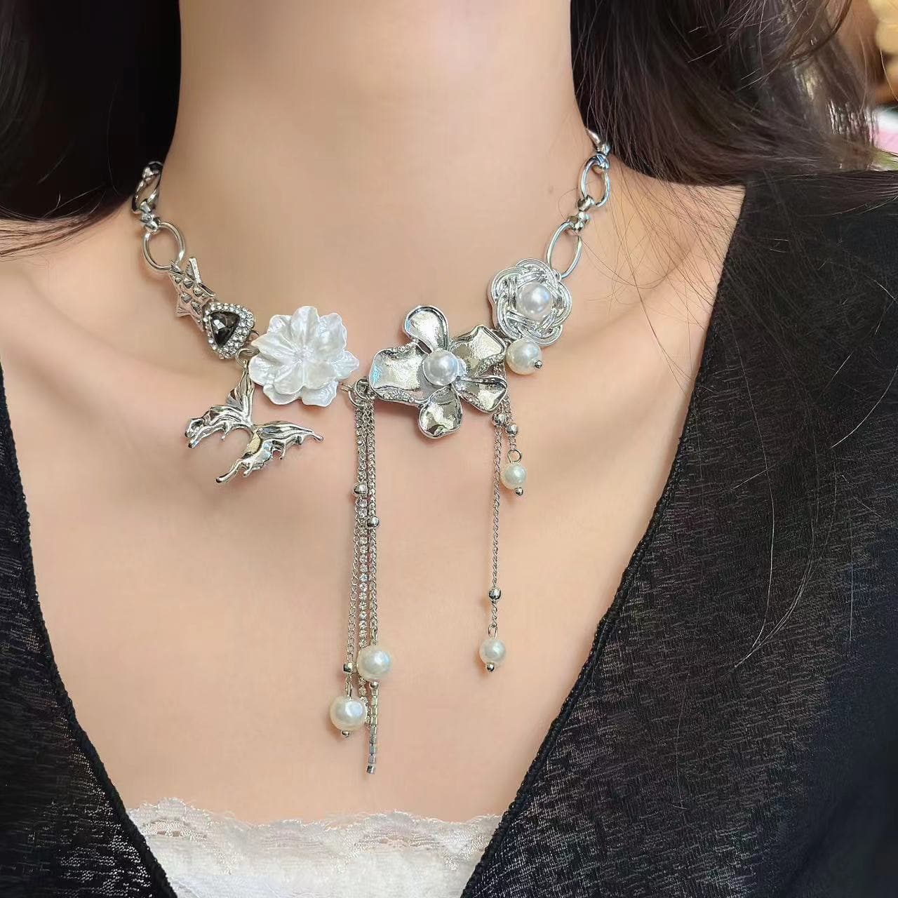 Tassels flower decor metal chain choker necklace