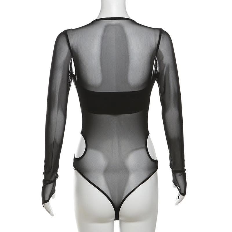 Long sleeve gloves lace up mesh hollow out bodysuit-final-sale