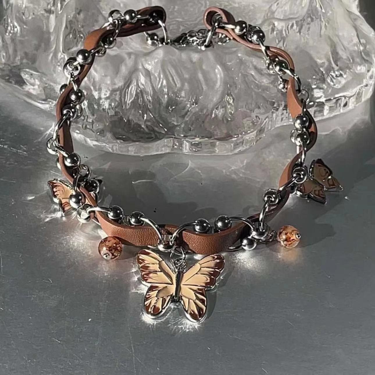 Butterfly pendant PU leather choker necklace