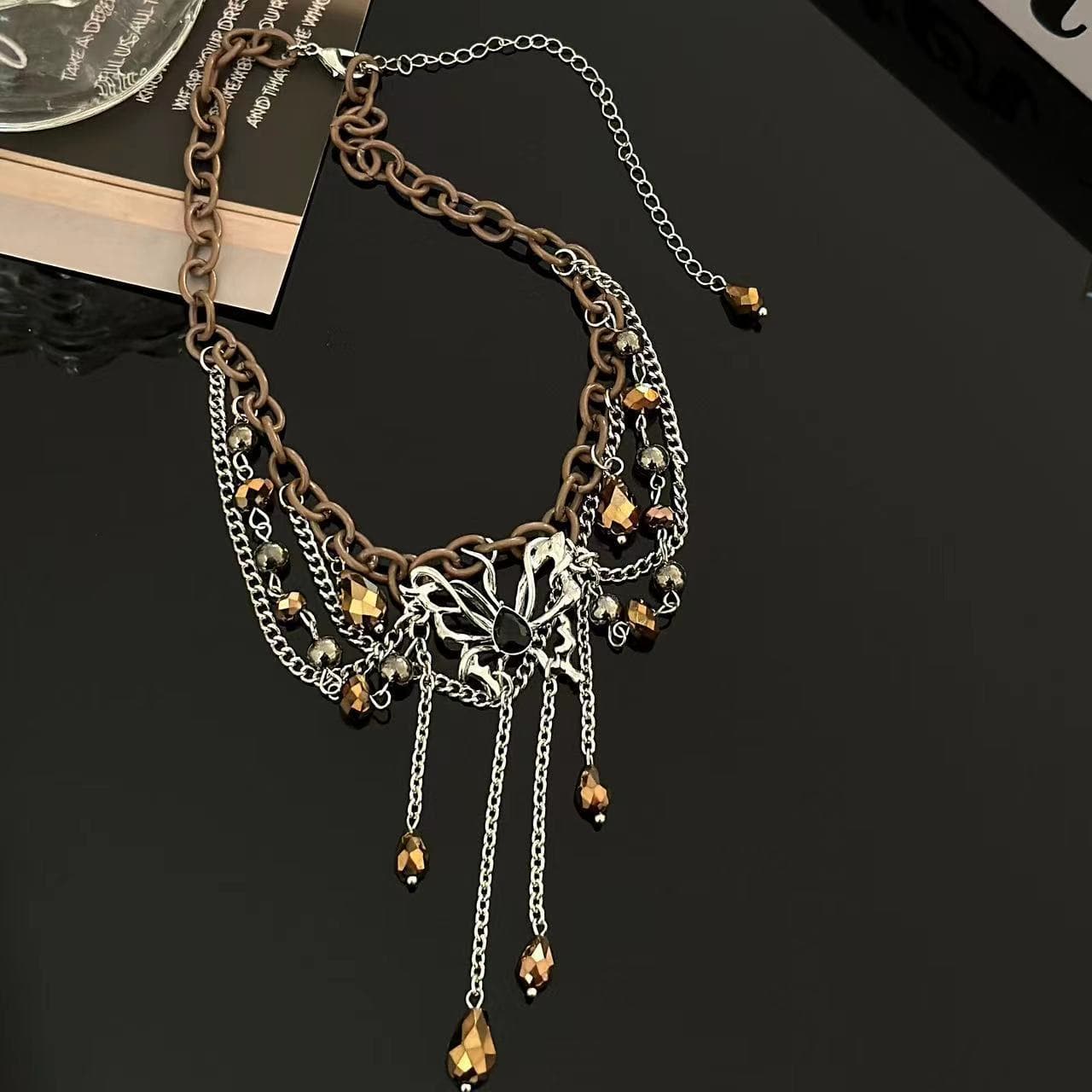 Butterfly decor crystal pendant choker necklace
