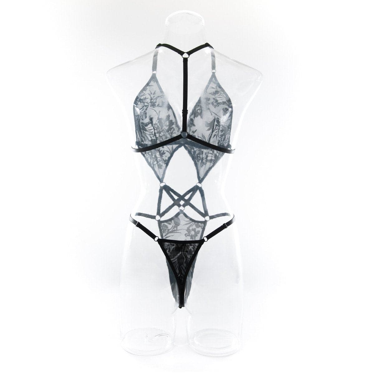 Print mesh v neck hollow out cami bodysuit