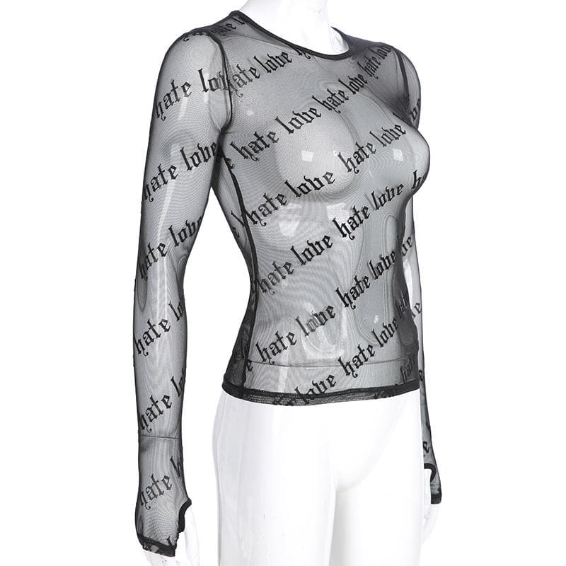 Sheer mesh "hate love" print see through solid long sleeve gloves top