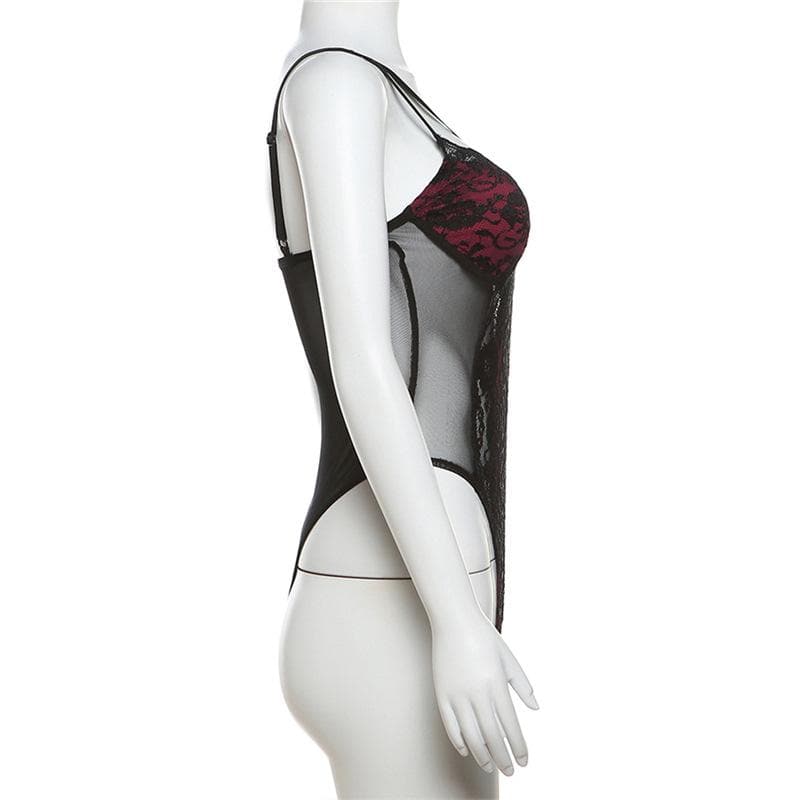 Patchwork v neck lace contrast bodysuit