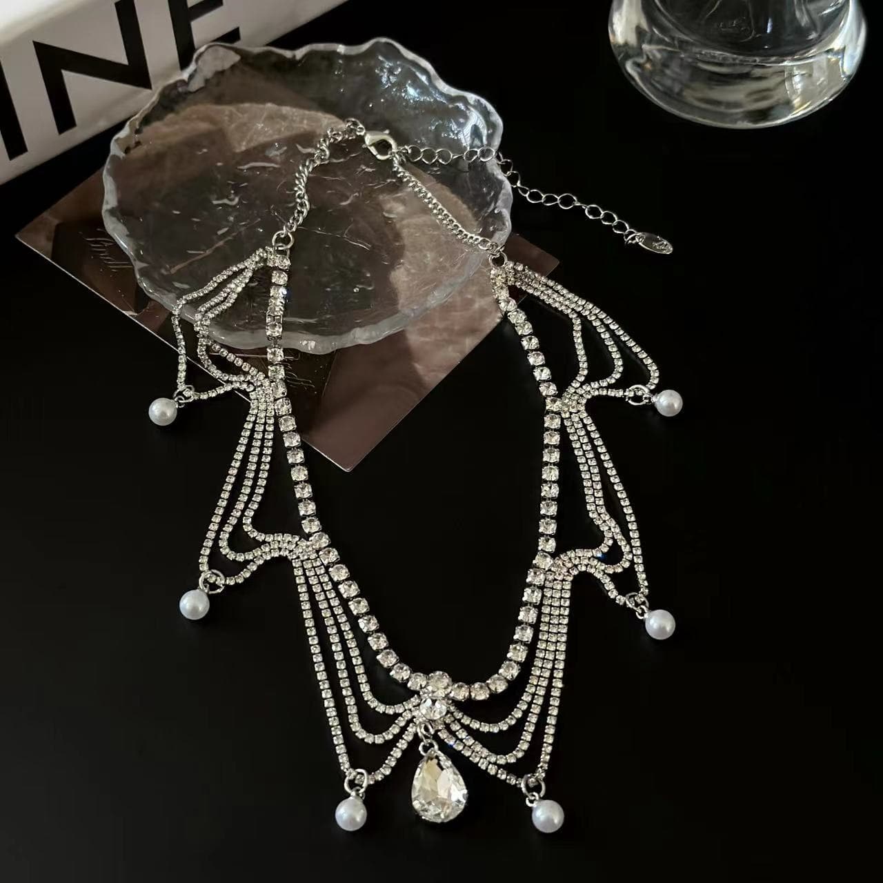 Layered rhinestone pendant choker necklace