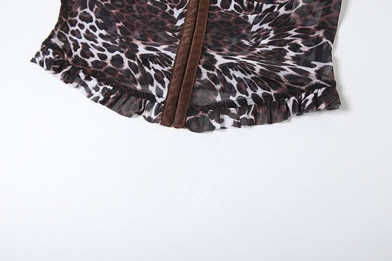 Leopard print mesh button cami short pant set