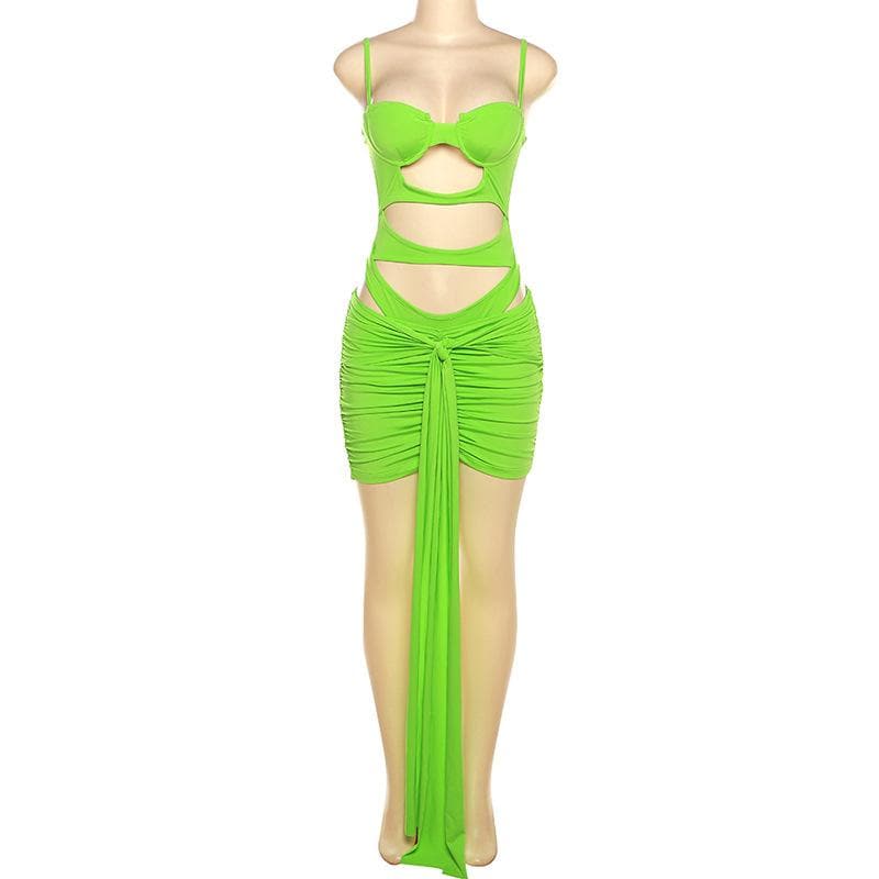 Hollow out solid ruched low cut self tie cami bodysuit mini skirt set-final-sale