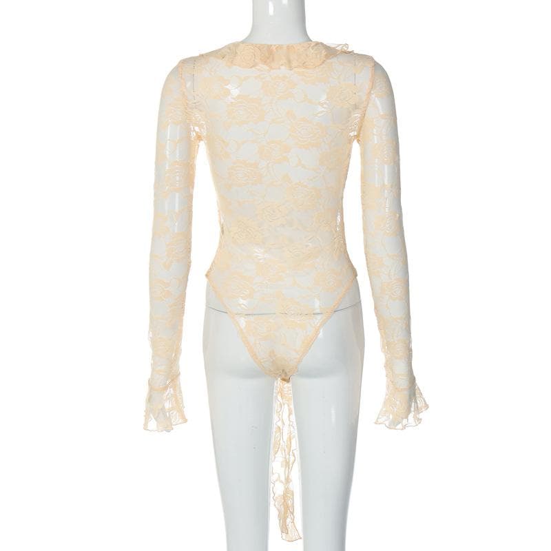Long flared sleeve ruffle see through lace bodysuit