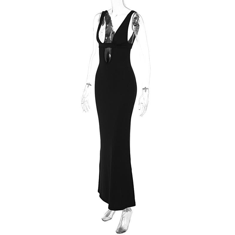 Sleeveless low cut hollow out solid backless cut out maxi dress