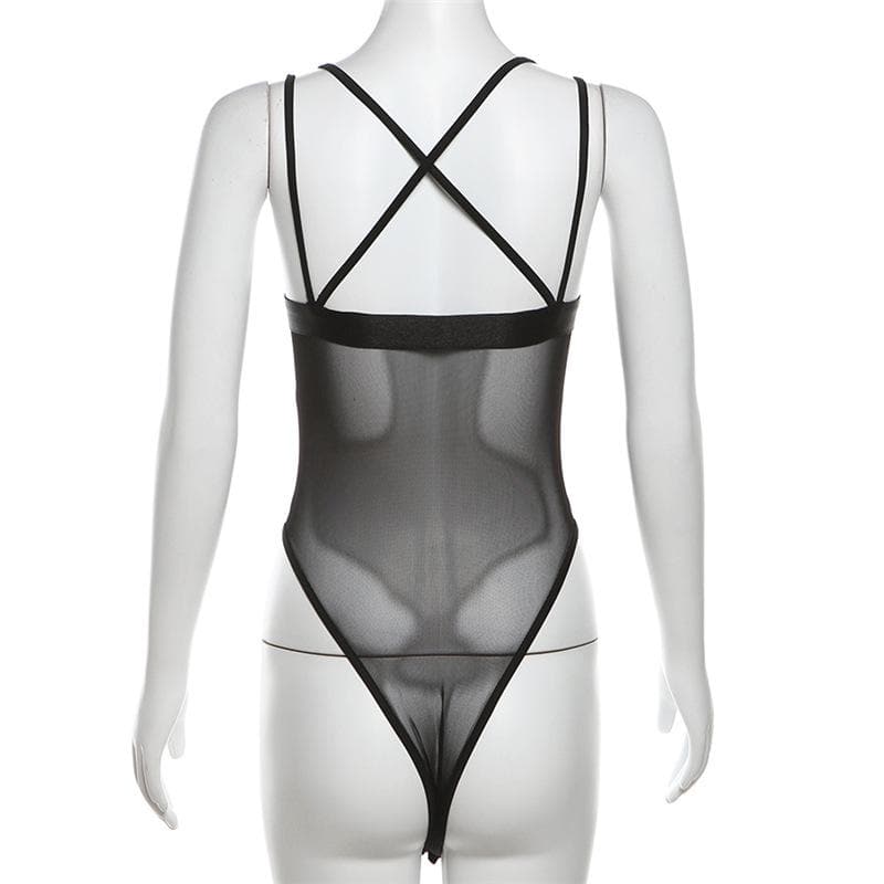 Stitch mesh patchwork cross back cami bodysuit