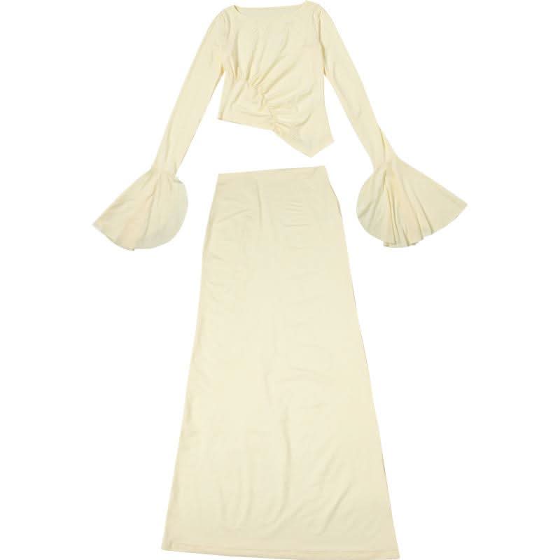 Long flared sleeve ruched maxi skirt set