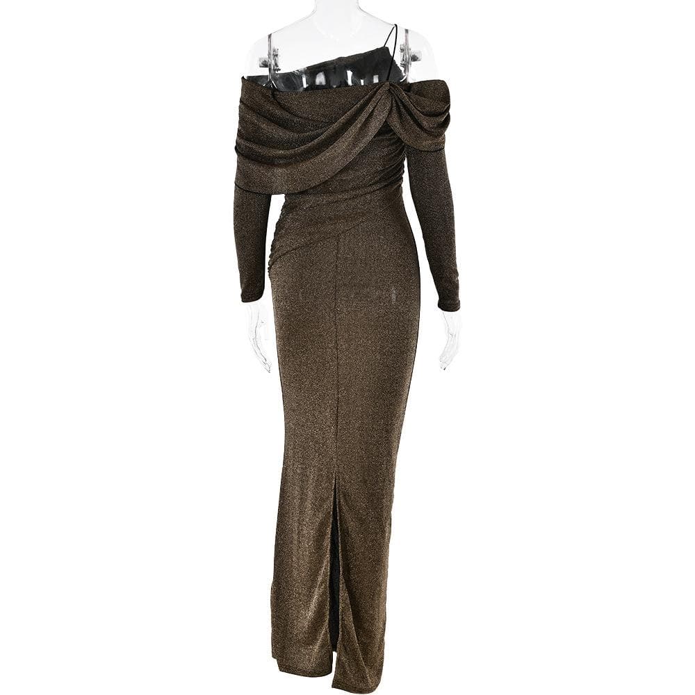 Long sleeve off shoulder irregular glitter ruched cami maxi dress